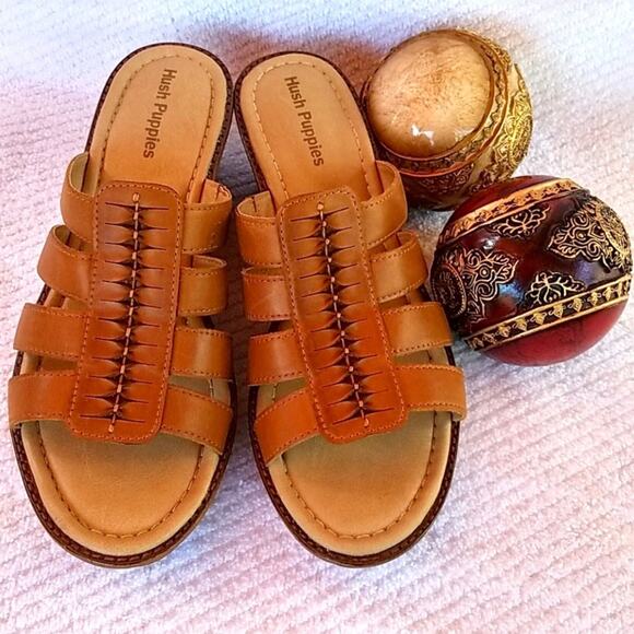 Hush Puppies Platform Wedge Sandal Size 10 Brown Leather Slide-In Padded Footbed - Picture 8 of 8